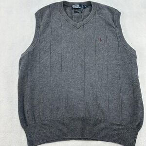 Vintage Polo Ralph Lauren Sweater Vest Mens Medium Gray V Neck Cotton Pony Prep